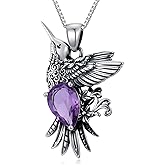 RMREWY Genuine Amethyst Hummingbird Pendant Necklace,925 Sterling Silver Native American Vintage Boho Western Pendant Real Gemstone Jewelry Birthdays Gift for Women Bird Lover