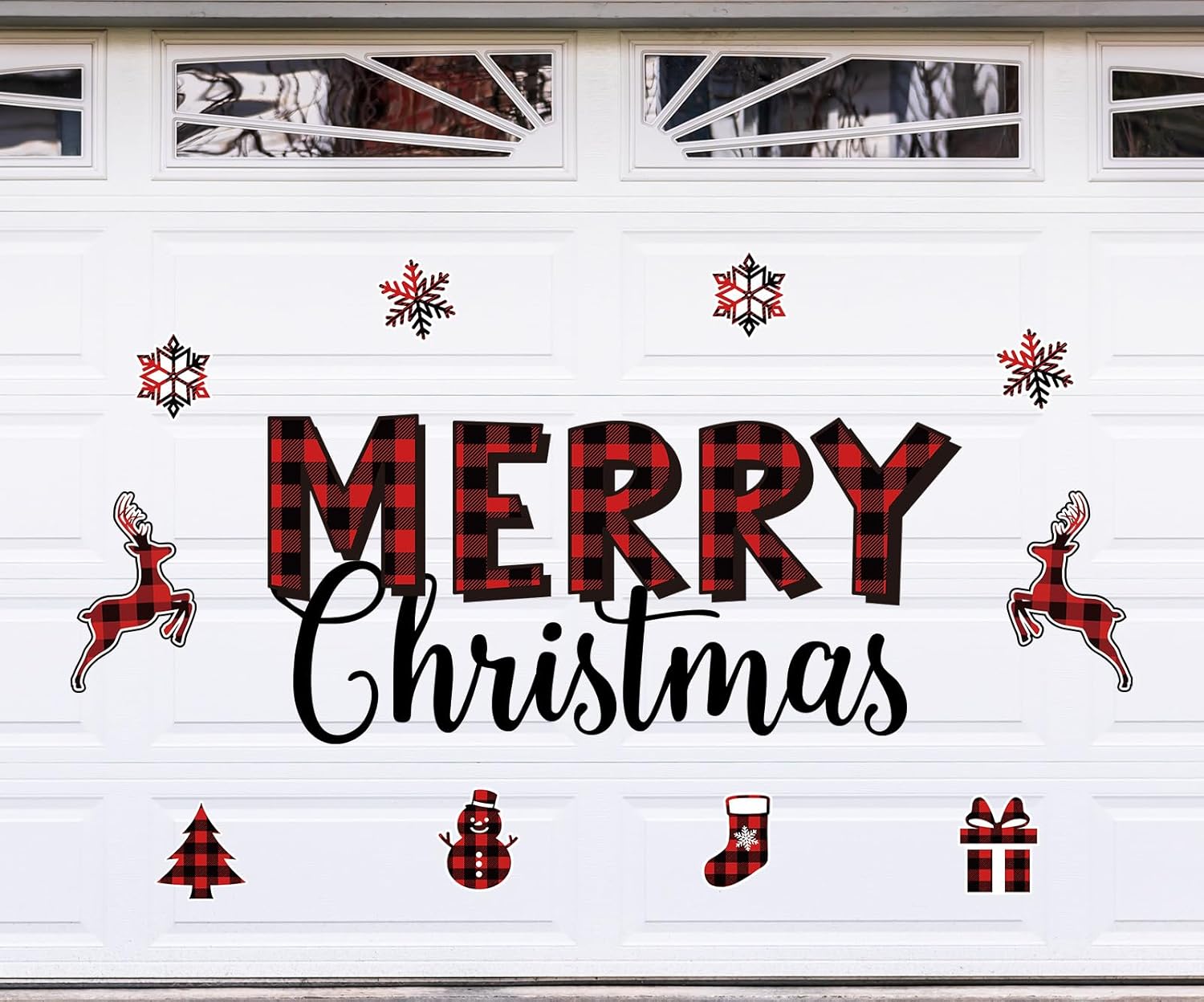 Garage Door Decorations - Whaline 25Pcs Plaid Christmas Garage Decoration Magnet Stickers Merry Christmas Magnet Decals Snowflake Refrigerator Stickers Red Black Car Stickers for Christmas Party Home Garage Door Decoration