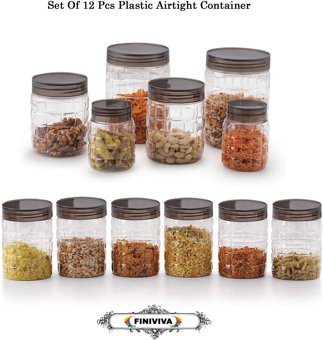 FINIVIVA Checkers Pattern Plastic Airtight Container Set | Spice Jar Set for Home Kitchen (12 -Piece, Transparent)