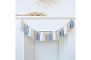 DCJHFJ Boho Tassel Garland Wall Hanging with Wood Beads Blue Tassel Garland for Baby Shower Kids Room Bedroom Nursey Back to School Decorations