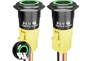 FILN 2PCS 19mm (3/4'') Latching Push Button Switch 12V 24VDC On-Off with LED Ring Head 1NO1NC Socket Plug with Wire Black Shell Latching for Car Boat and Panel Control (Black Plated Latching Green)