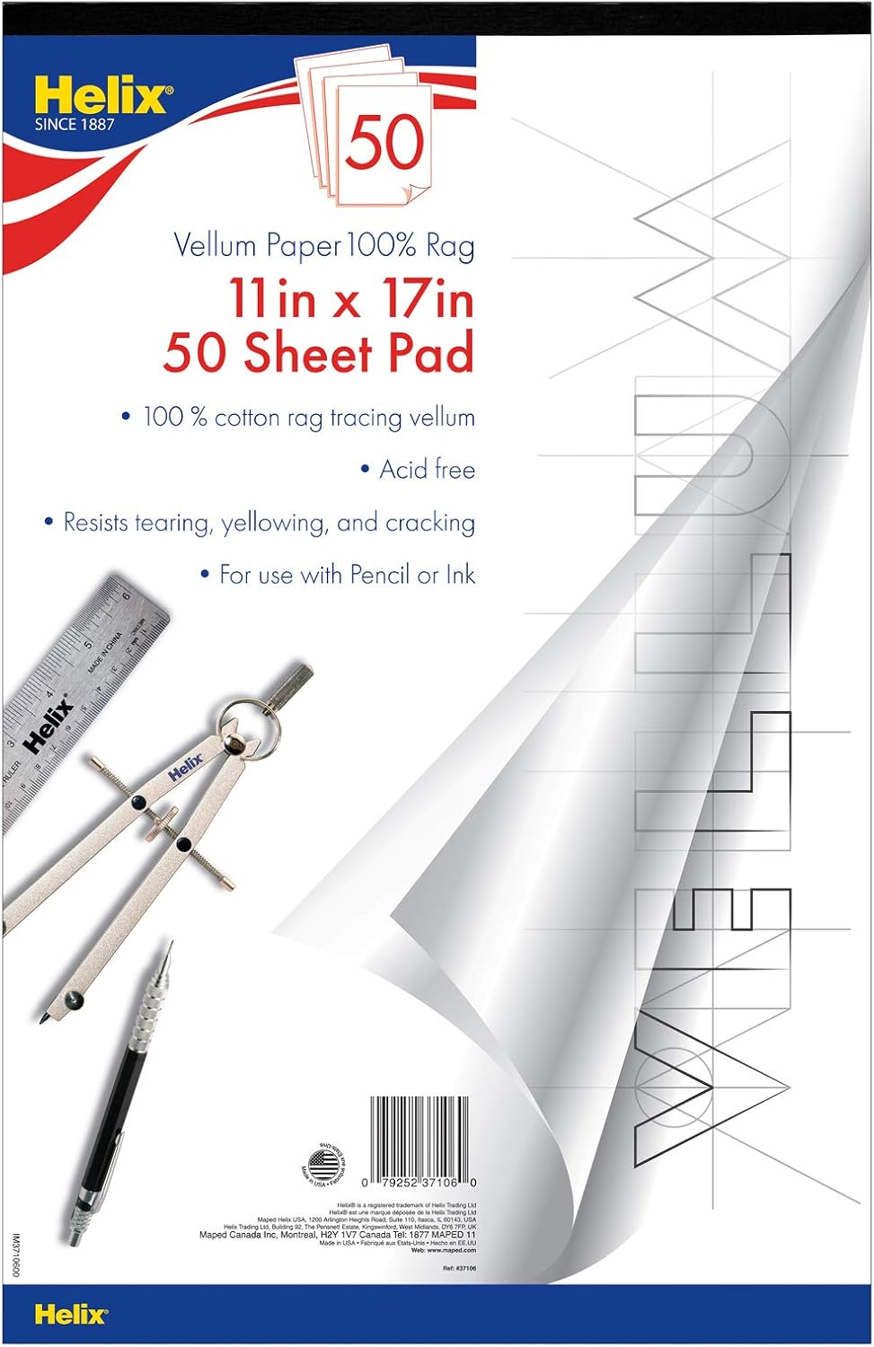 Helix Vellum Paper Pad for Art Sketching and Tracing, White Translucent, 100% Rag, 11 x 17 Inches, 50 Sheets (37106) : Art Supplies : Office Products