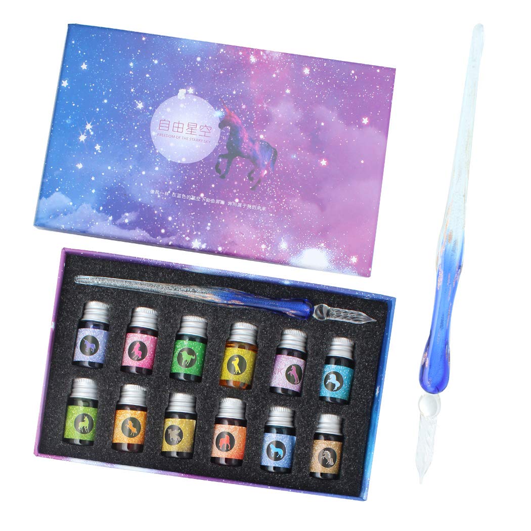 SIPLIV Handmade Glass Dip Pen Set, Crystal Sparkling Signature Drawing Calligraphy Writing Pen, 13 Pcs Gift Set with 12 Colors Ink, 1 Glass Pen - Gradient Blue
