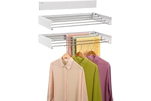 JolyBay Wall Mounted Laundry Drying Rack, Retractable Clothes Drying Rack for Bathroom with Wall Template, 5 Stainless Rods Heaving 60 lb Capacity (White, 31.5")