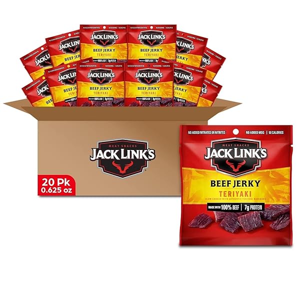 JACK LINK’S BEEF JERKY, TERIYAKI, MULTIPACK BAGS – FLAVORFUL MEAT SNACKS FOR LUNCHES, READY TO EAT PROTEIN SNACKS, INDIVIDUAL PACKS – 7G OF PROTEIN, MADE WITH 100% BEEF – 0.625 OZ (PACK OF 20)