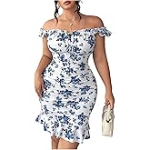Floerns Women's Plus Size Floral Milkmaid Dress Sleeveless Ruched Ruffle Hem Bodycon Dresses