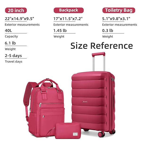 TRIPLAYER CARRY ON LUGGAGE 22X14X9 AIRLINE APPROVED, 22 INCH PP HARDSHELL LUGGAGE CARRY-ON SUITCASE WITH SPINNER WHEELS, CARRY ON SUITCASE SET FOR WOMEN(ROSE RED)
