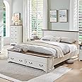 T4TREAM Farmhouse Queen Bed with Headboard and Storage Bench, Rustic Wood Platform Bed with 64" Storage Chest w/ 4 Large Storage Drawer (Antique White)