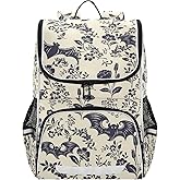 XUWU Goth Bat Flowers Backpack with Reflective Strip for Kids Boys Girls Elementary School Bag Removable Chest Strap