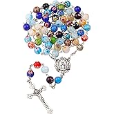 HELLOWIN Multicolor Murano Glass Beads Catholic Rosary Necklace with Virgin Mary PU Leather Bag