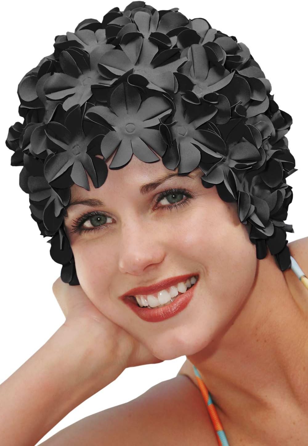 SYNC Original Swimwear Petal Swim Caps I Vintage Retro Flower Bathing Cap Blue and White
