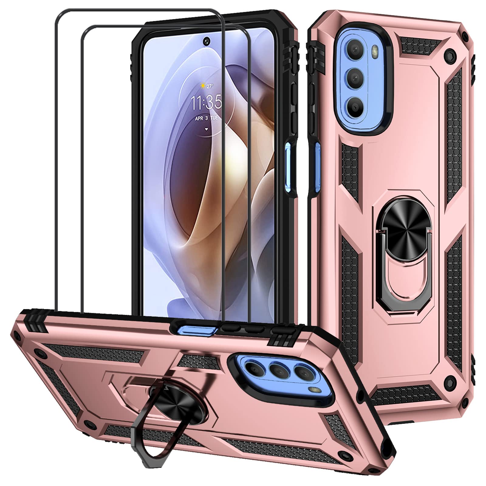 MMlife EasyLifeGo for Motorola Moto G31 / Motorola Moto G41 Kickstand Case with Screen Protector Tempered Glass [2 pieces], Hybrid Heavy Duty Armor Dual Layer Anti-Scratch Case Cover, Rose Gold