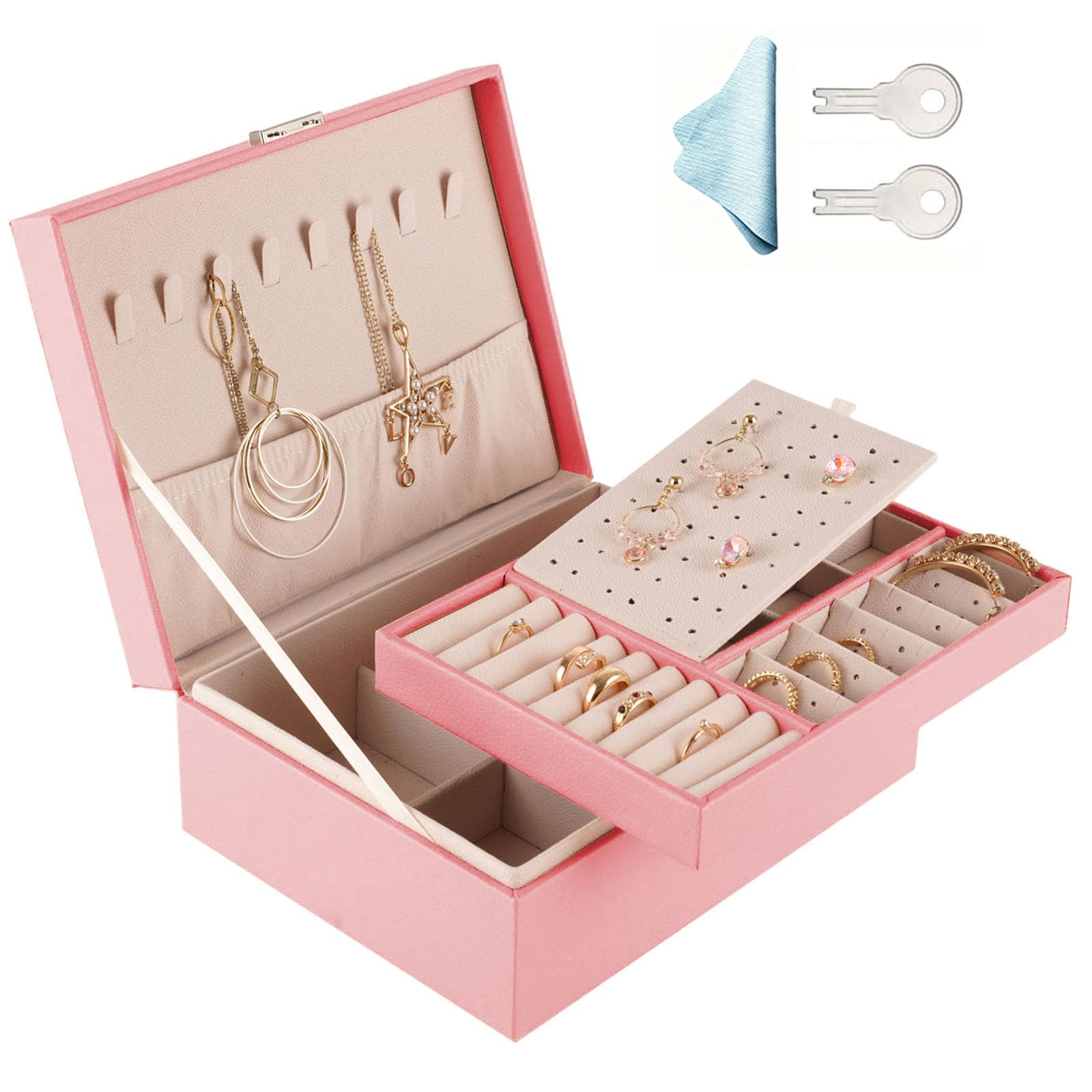 LeeFyy Gifts for Women - Jewellery Organiser, 2 Layer PU Leather Jewellery Box with key, Jewelry Box for Women, Jewellery storage Organiser for Necklace Earrings Bracelet Ring Accessories
