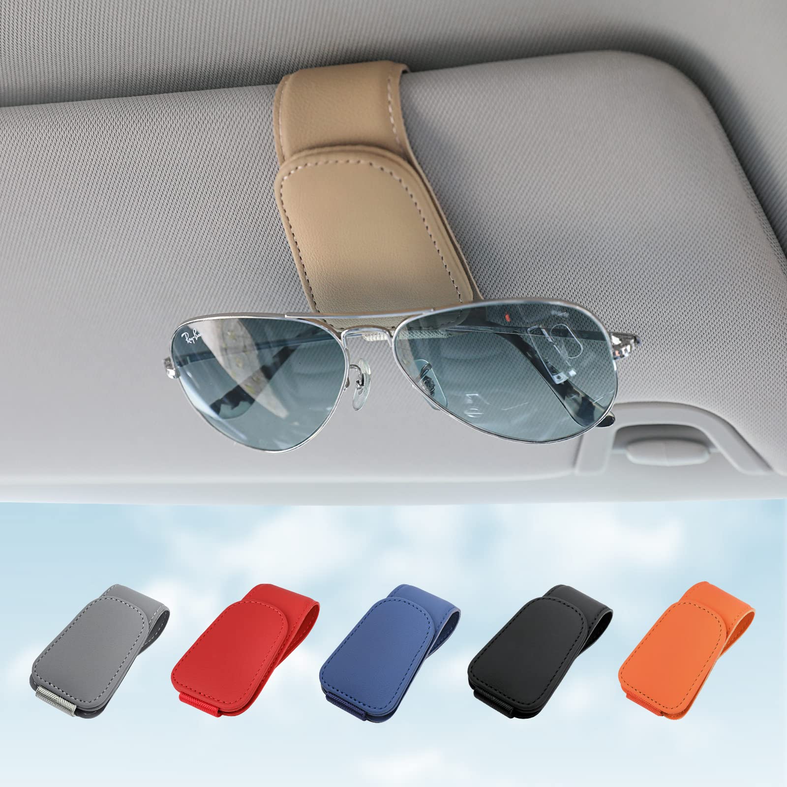 Photo 1 of KanSmart Sunglass Holder for Car Visor Sunglasses Clip Magnetic Leather Glasses Eyeglass Holder Truck Car Interior Accessories Universal for Woman Man -Beige