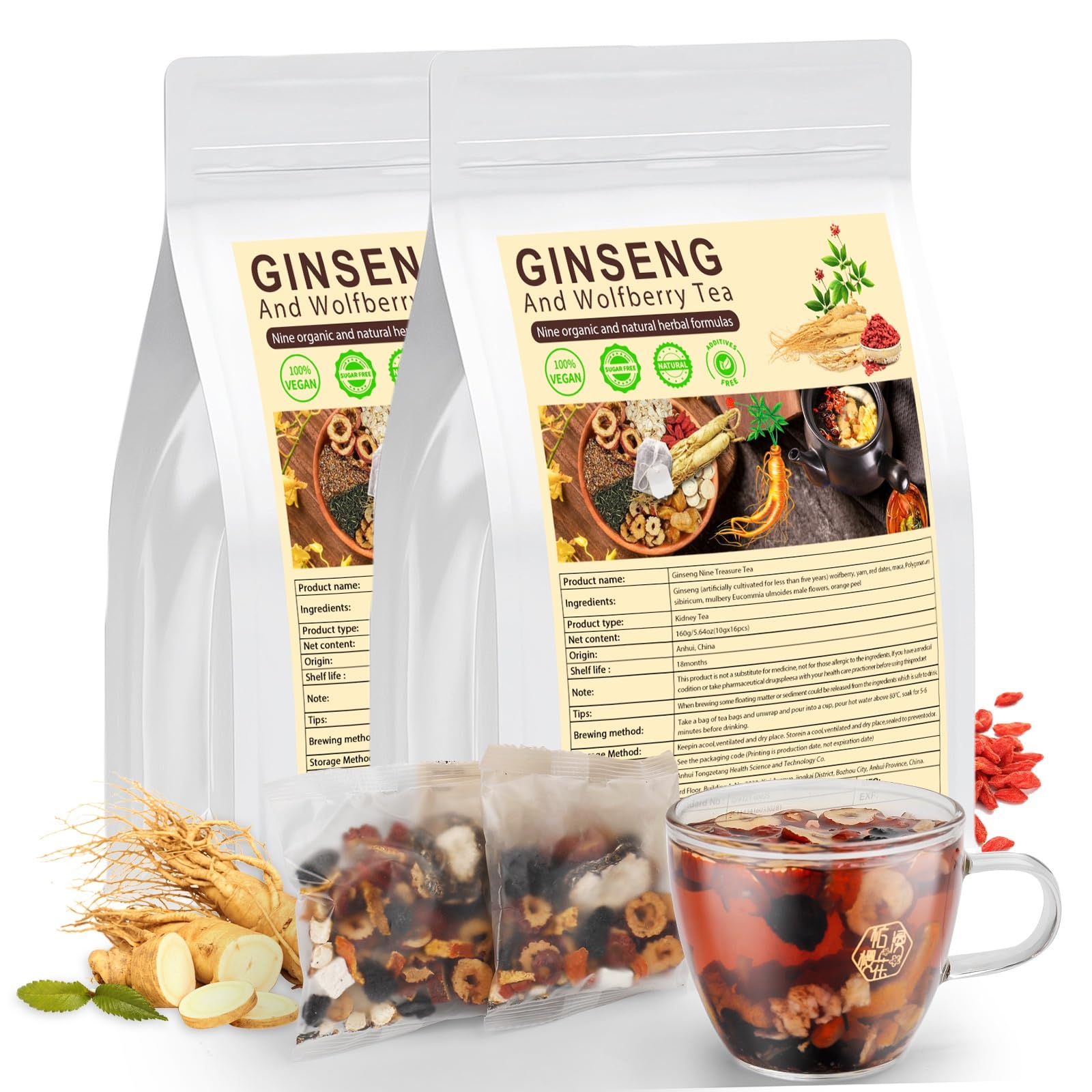 Ginseng six treasure tea, Ginseng five treasures tea kidney teas, Ginsengs And Wolfberry teas, Blending the Essence of9 Premium Ingredients, for both men and women (2 pack (30g ×32 pcs)