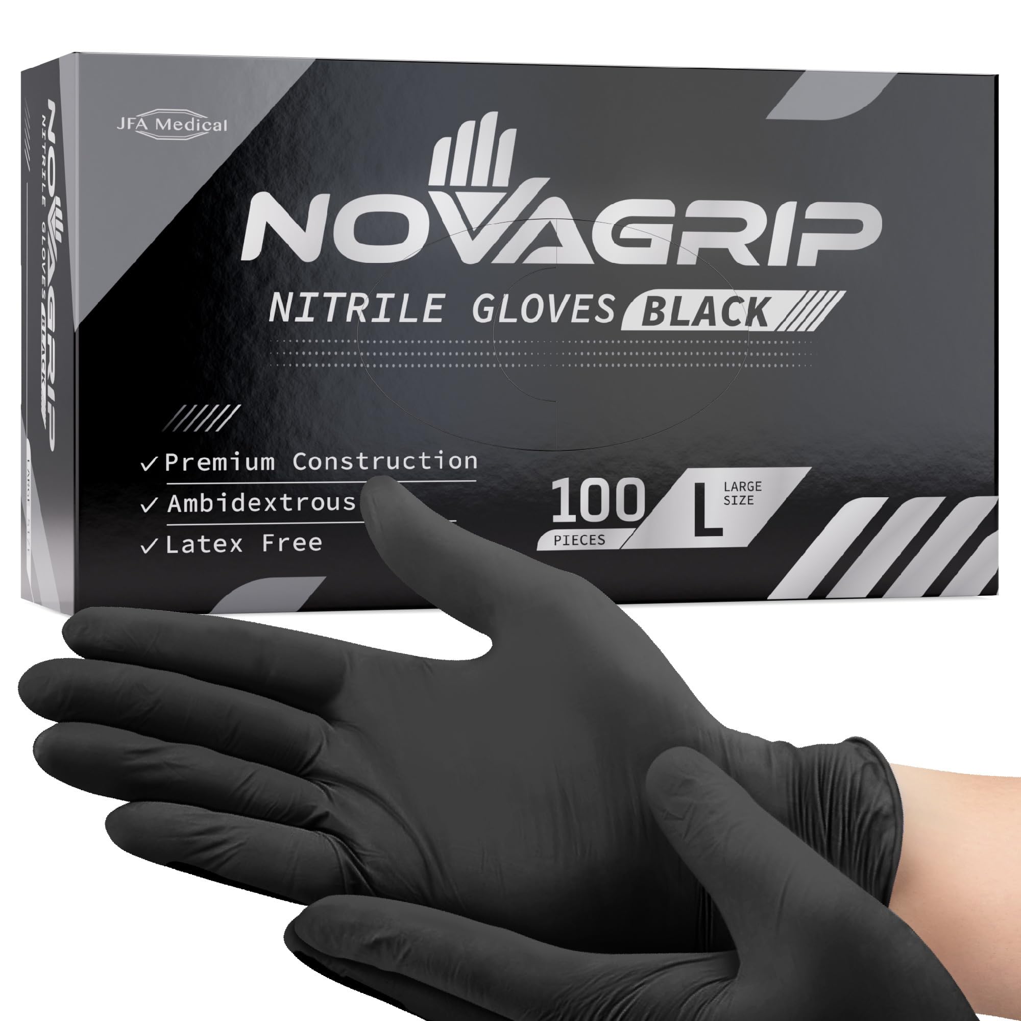 Novagrip JFA Medical Mechanic, Disposable Powder Free Latex Free Black Nitrile Gloves - Box of 100 (Large)