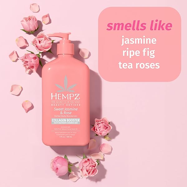 HEMPZ SWEET JASMINE & ROSE HERBAL BODY MOISTURIZER FOR WOMEN, 17 FL. OZ. – MOISTURIZING LOTION WITH 100% PURE HEMP SEED OIL, COLLAGEN, SHEA BUTTER – HYDRATING VEGAN LOTION FOR DRY SKIN