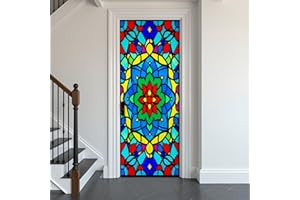 Door Stickers Peel and Stick Door Mural Stained Glass Window Colored Removable Wallpaper 30.3''x78.7'' Self-Adhesive Mural fo