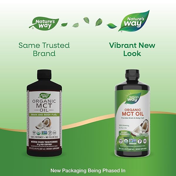 NATURE’S WAY ORGANIC MCT OIL, 30 FL OZ, BRAIN AND BODY FUEL FROM COCONUTS*, C8 CAPRYLIC ACID AND C10 CAPRIC ACID, KETO AND PALEO CERTIFIED, ORGANIC, NON-GMO PROJECT VERIFIED (PACKAGING MAY VARY)