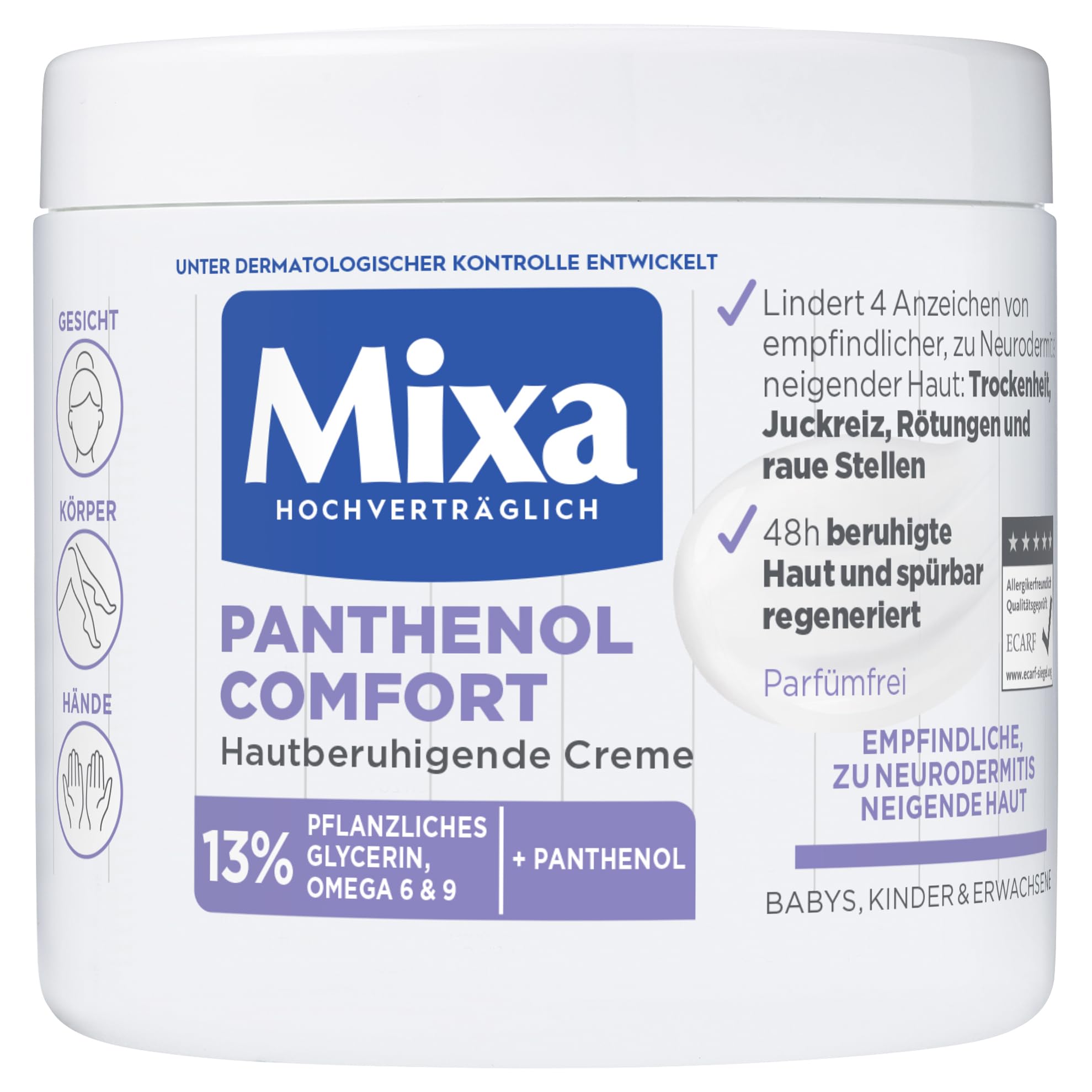 Mixa Panthenol Comfort hautberuhigende Creme, empfindliche & zu Neurodermitis neigende Haut, 13% Panthenol, Glycerin, Omega 6&9, Gesicht/Körper/Hände/Babys/Kinder/Erwachsene, hochverträglich, 400 ml