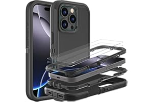 YKHJKLEC for iPhone 16 Pro Max Case, Military Grade 3 in 1 Heavy Duty Shockproof/Drop Proof/Dust Proof Case with 2Pcs Tempered Glass Screen Protector (Black/Black)