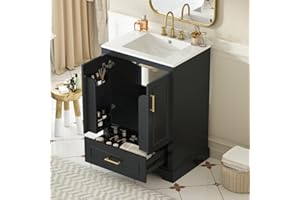 24" Bathroom Vanity with Ceramic Sink for Medium Bathrooms,Modern Bathroom Storage Cabinet w/Soft Close Doors&Divided Bottom 