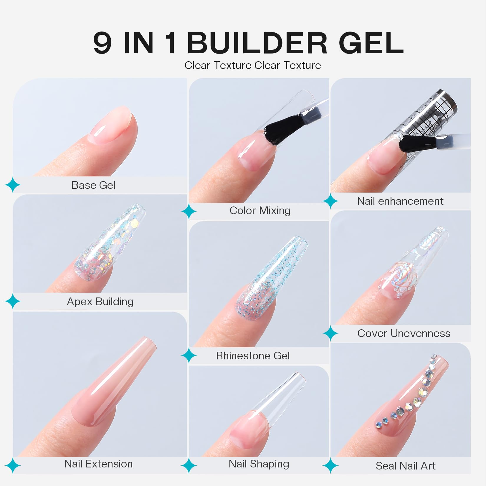Glamonade Clear Builder Gel for Nails: 9 in 1 U V LED Lamp Cured Color Builder Nail Gel Strengthener Thickening Extension Sculpting Rhinestone Nail Glue Gel for Home Salon - Image 2