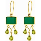Joyfulmuze Green Onyx Peridot Gold Dangle Drop Earrings, Black Onyx Pyrite, 925 Sterling Silver, Handmade 18K Gold Plated Jewelry, Natural Gemstone Elegant Daily Wear Gift for Women and Girls