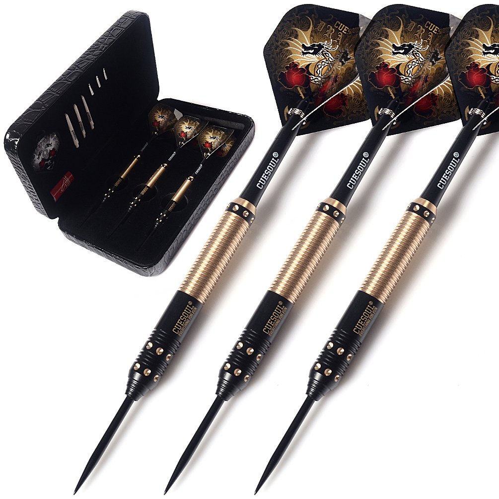 CUESOUL Dragon Series 25 Grams Professional Steel Tip Darts Set Brass Barrels Shockproof Deluxe PU Carry Case Nylon Shafts Well Balanced (JL-SL-J2205L)