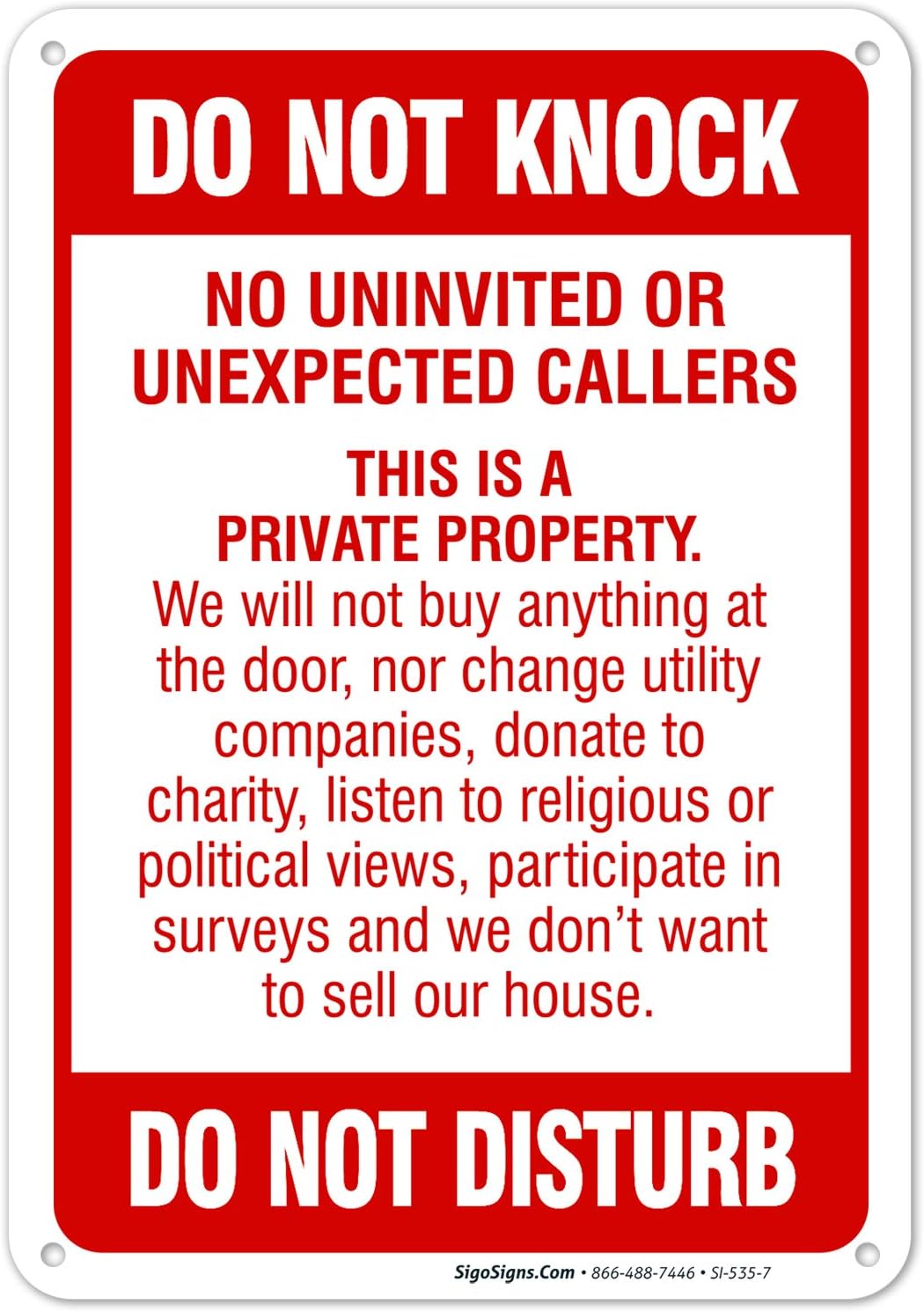 Do Not Knock Do Not Disturb Sign, No Soliciting Sign, 10x7 Rust Free