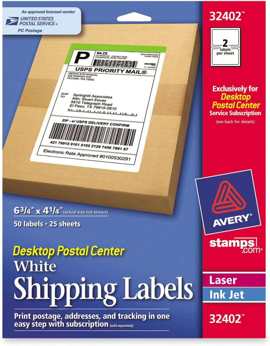 Avery Desktop Postal Center White Shipping Labels, 6.75