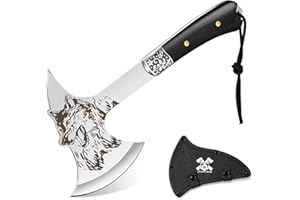 Grumpy Bear Camping Hatchet with Wolf Carving, Full Tang Outdoor Axe with Decorative Handle, Durable Forged Blade for Hiking, Bushcraft, and Survival