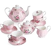 BTaT- Floral Tea Sets for Adults, 13 pcs, Service for 4, Pot (38 oz) & Cups (8 oz) with Saucers, Pastel Pink Floral Design with Gift Box, Porcelain Tea Set for Adult, Dishwasher Safe