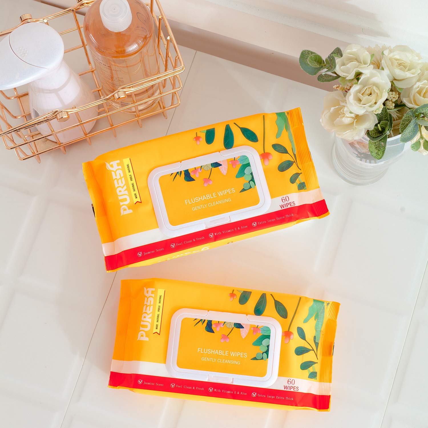 Puresh Feminine Wipes for Women Adults, Large Flushable Wet Wipes with Jasmine Scent, Vitamin-E & Aloe for at-Home Use, General Purpose Personal Cleaning, Sewer Safe (60 Count, 5 Pack Total 300 Wipes): Beauty