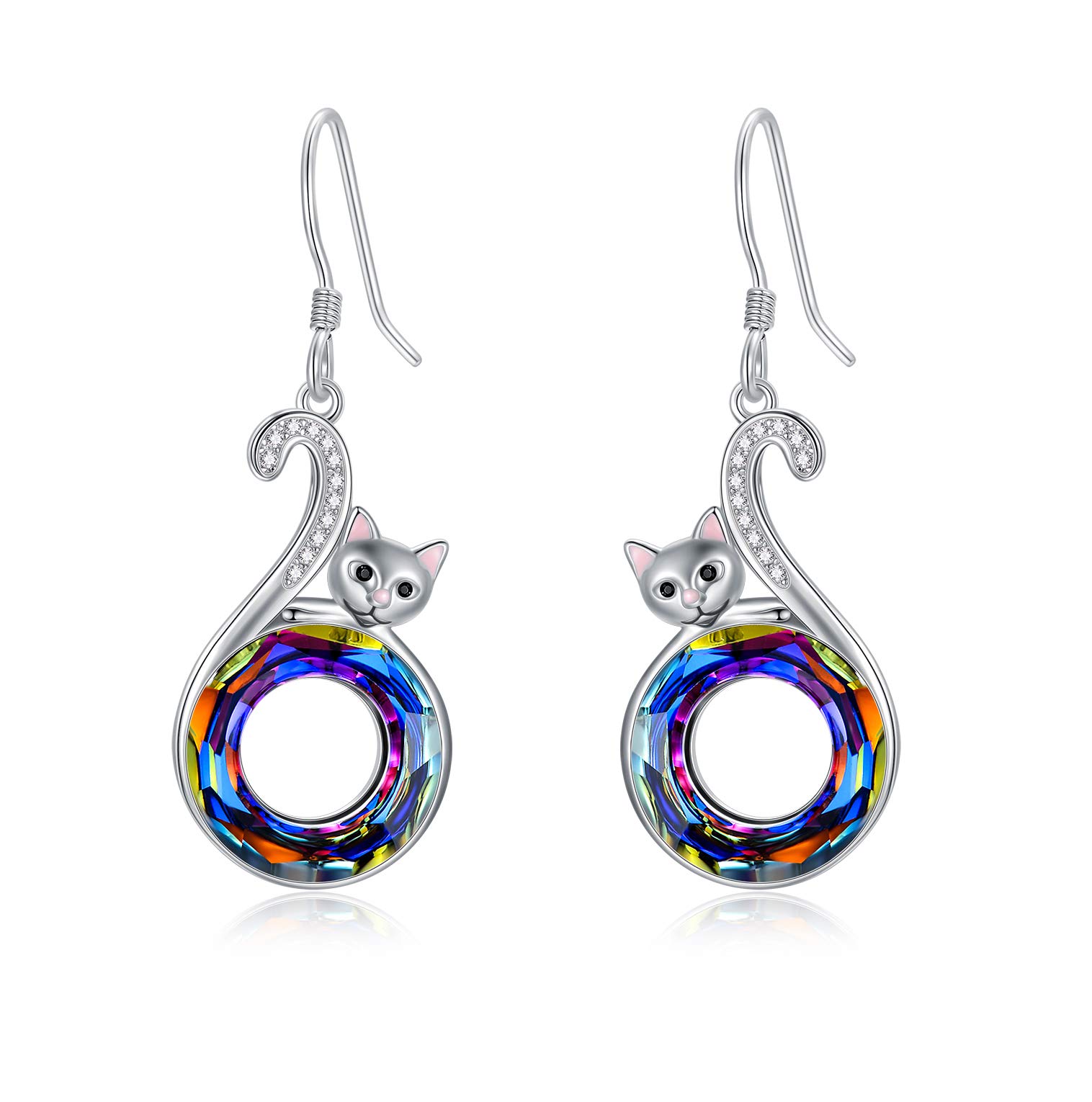 Sterling Silver Cat Dangle Drop Earrings, Cat Gifts for Cat Lovers, Cat Jewellery Birthday Gifs for Women
