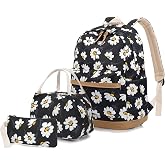 Junlion Flowers Backpack Kids School Bag 3-in-1 Bookbag Set, Laptop Backpack Lunch Bag Pencil Case Gift for Teen Girls Womens Daisy Black