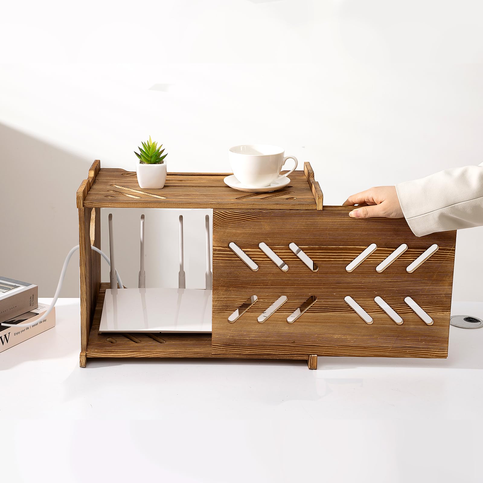 Photo 1 of Solid Wood Projector Shelf Router Shelf Projector Stand Router Storage Box Router Cover Organized Modem Cable Power Strip Cable Management Hider Rack by Need Assembly (Rustic Brown)