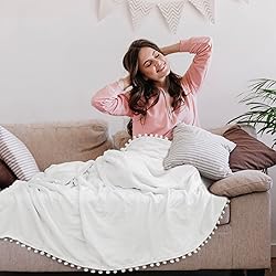 PAVILIA White Throw Blanket Pom Pom for Couch, Twin