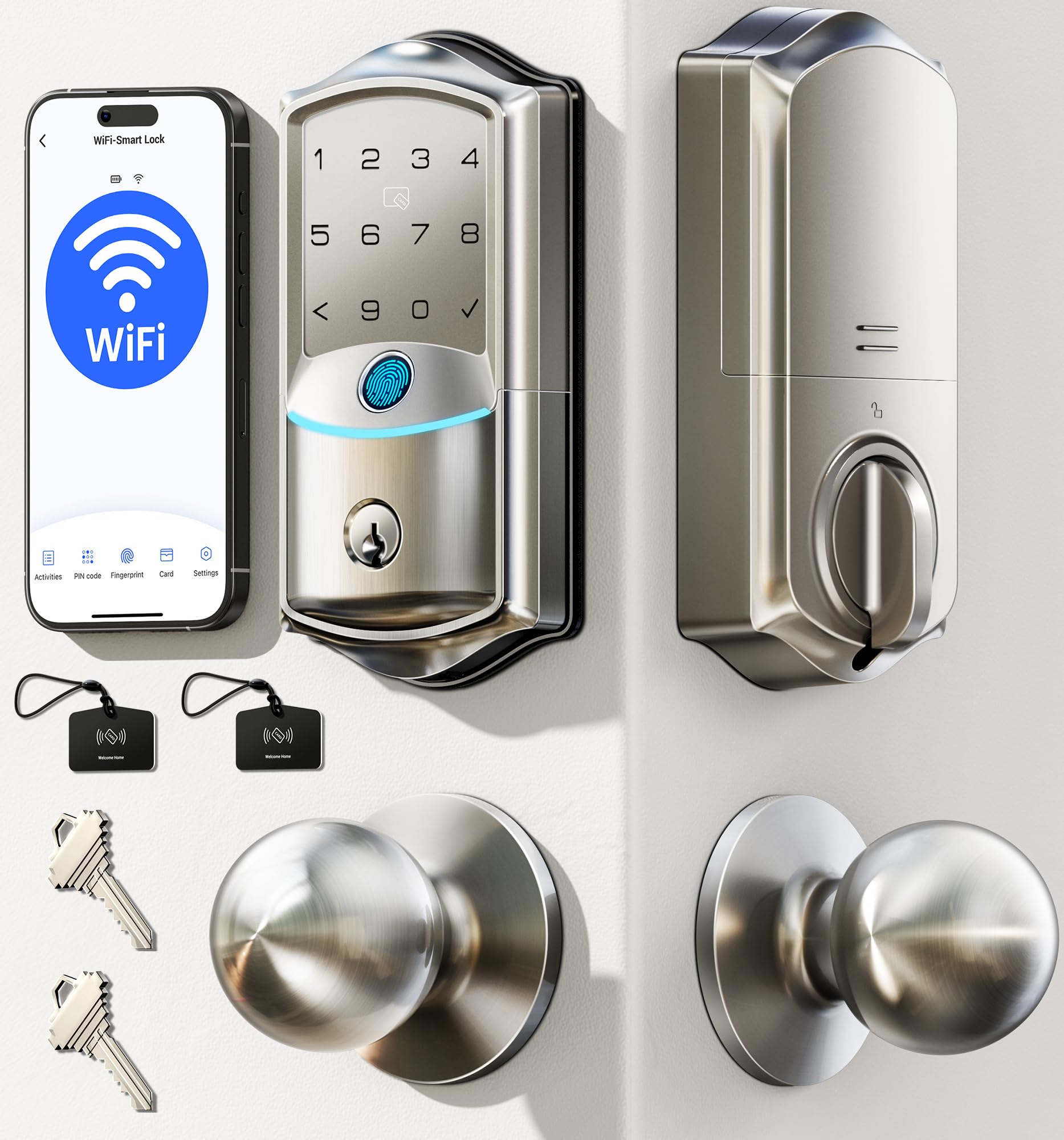 Photo 1 of **INCOMPLETE** Veise VE027-K Built-in WiFi Smart Lock with 2 Knob, Fingerprint Keyless Entry Door Lock Handle Set for Front Door, App Remote Control, Electronic Digital Keypad Deadbolt, IP65 Waterproof, Satin Nickel