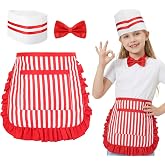 XLSXEXCL 3 Pcs 1950s Waiter Costume Kit, Waitress Costume Accessories | Red and White Striped Half Apron with 2 Pockets, Soda Jerk Chef Hat, Red Bow Ties, Adjustable Apron for Kids Cosplay Party