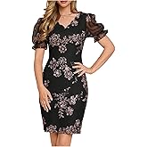 SweatyRocks Women's Floral Print Bodycon Short Dress Mesh Puff Sleeve Party Dress