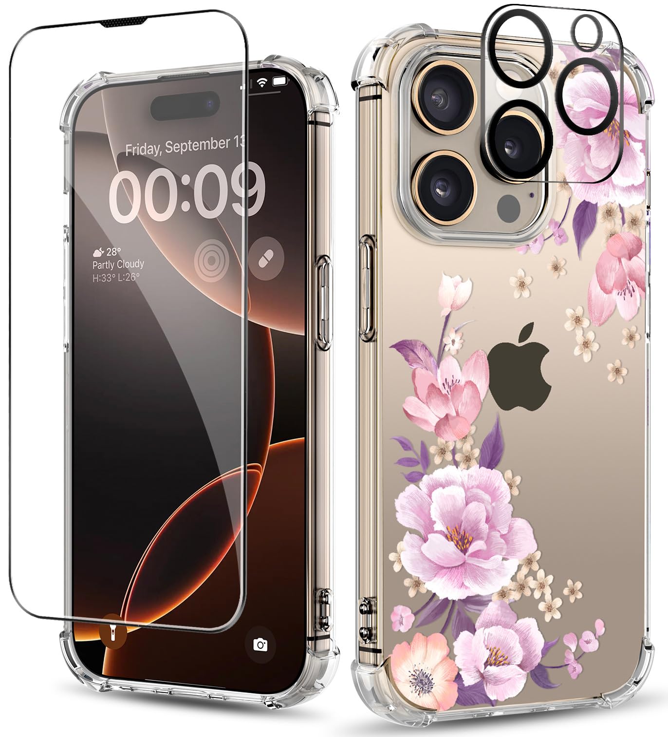 ilnehc for iPhone 16 Pro Case,[3 in 1] with Screen Protector & Camera Lens Protector,Flower Pattern Design,Clear Soft Shockproof Slim Floral Phone Cover for Women Girls 2024 6.3" (Peony)