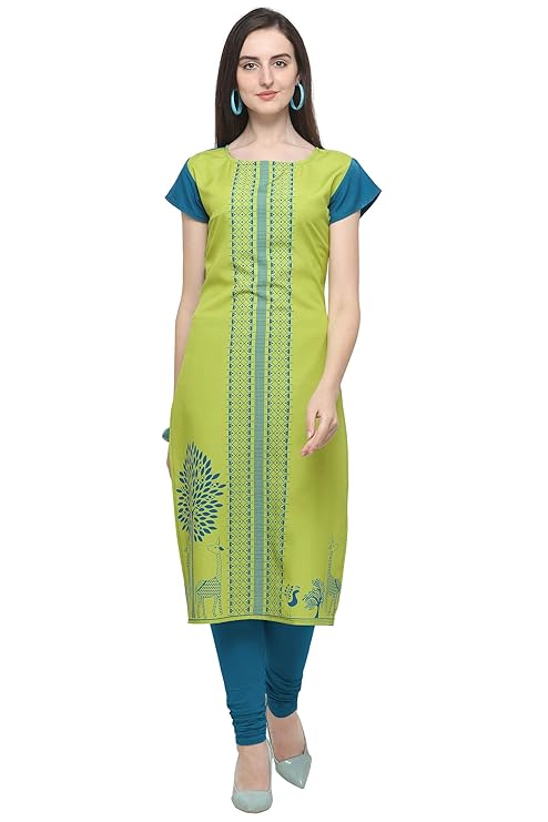 Women' Light Green Colour Short Sleeve Crepe Straight Kurta(parrot-deer-Eiffel)