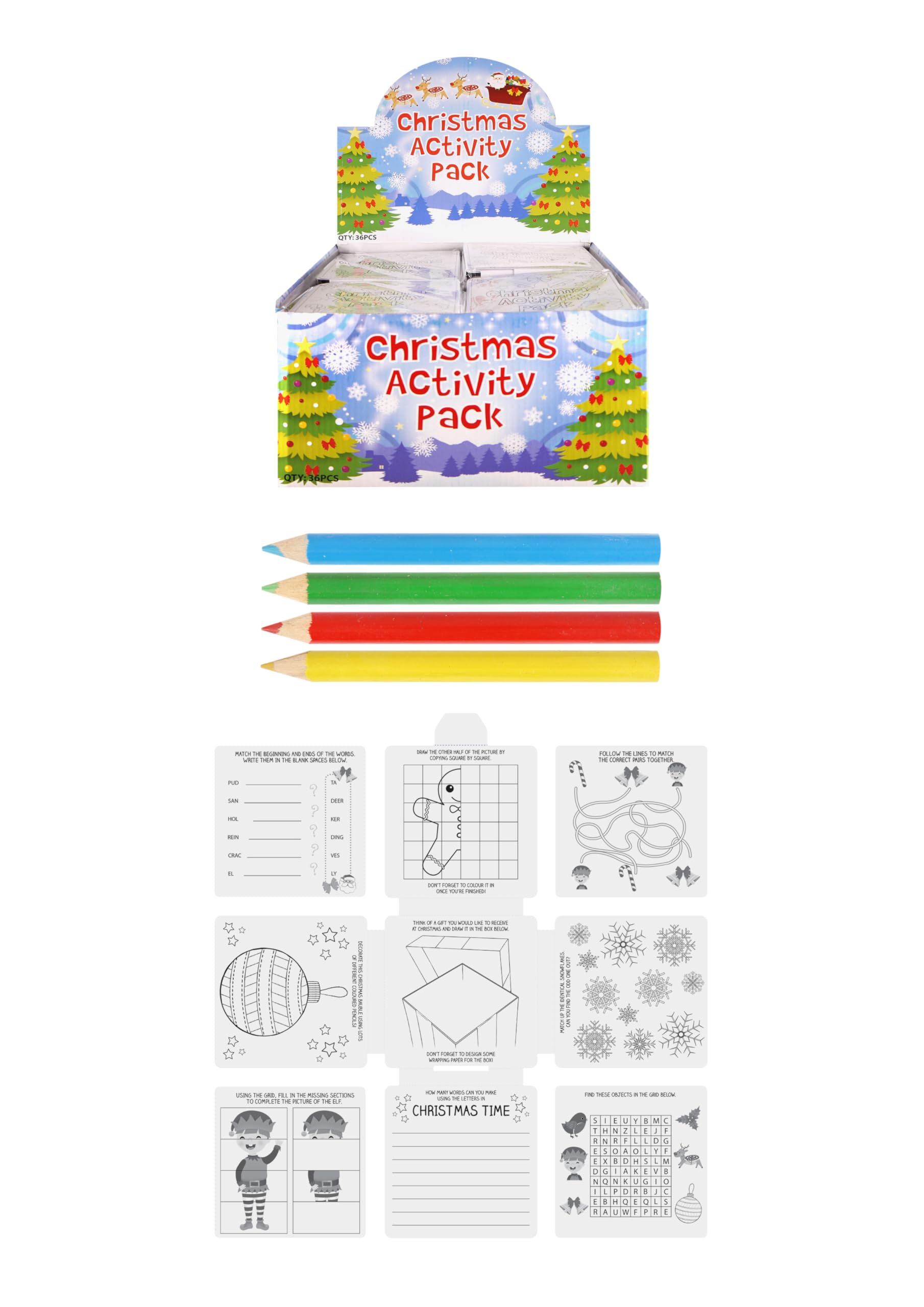 Henbrandt 1 x Children’s Christmas Activity Pack with 4 Colouring Pencils Table Favours for Kids Stocking Fillers Xmas Party Favour Loot Bag Filler Classroom Gifts for Boys and Girls