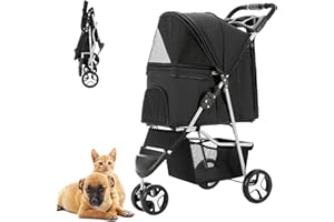 WANGMAO Pet Stroller for Medium Small Dogs & Cats, One-Hand Folding Portable Travel Cat Dog Stroller with Large Storage Basket and Cup Holder, 3 Wheels, Black