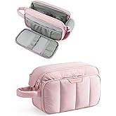 BAGSMART Travel Makeup Bag Organizer, Puffy Make Up Bag, Cosmetic Organizer Case for Travel Essentials Toiletries Accessories Bottles, Brushes (Pink)