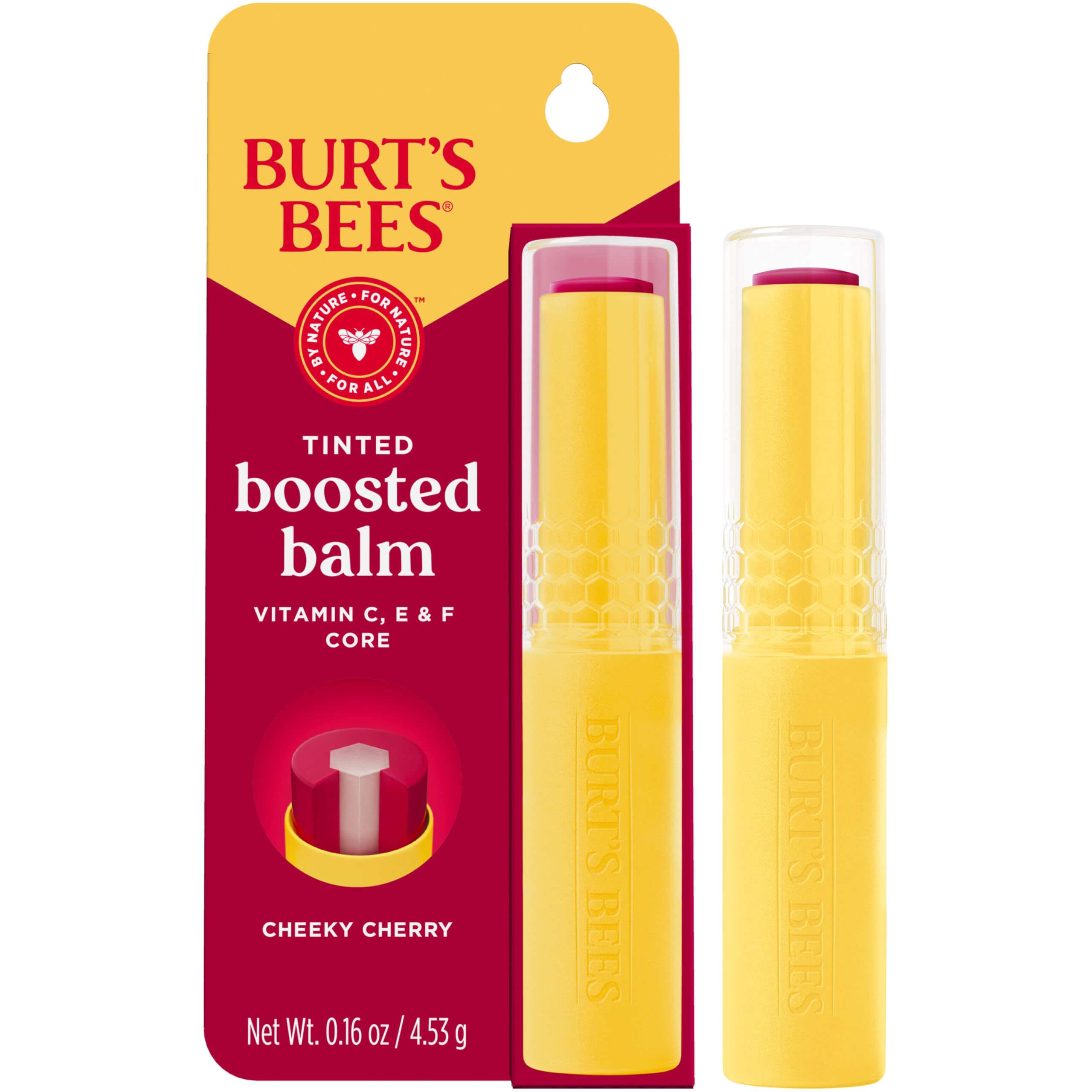 Burt’s Bees Stocking Stuffers, Tinted Boosted Balm, Cheeky Cherry, Hydrating Tinted Lip Balm, 24 Hour Lip Moisturizer with Responsibly Sourced Beeswax, 100% Natural Origin, 1 Count, 0.16oz