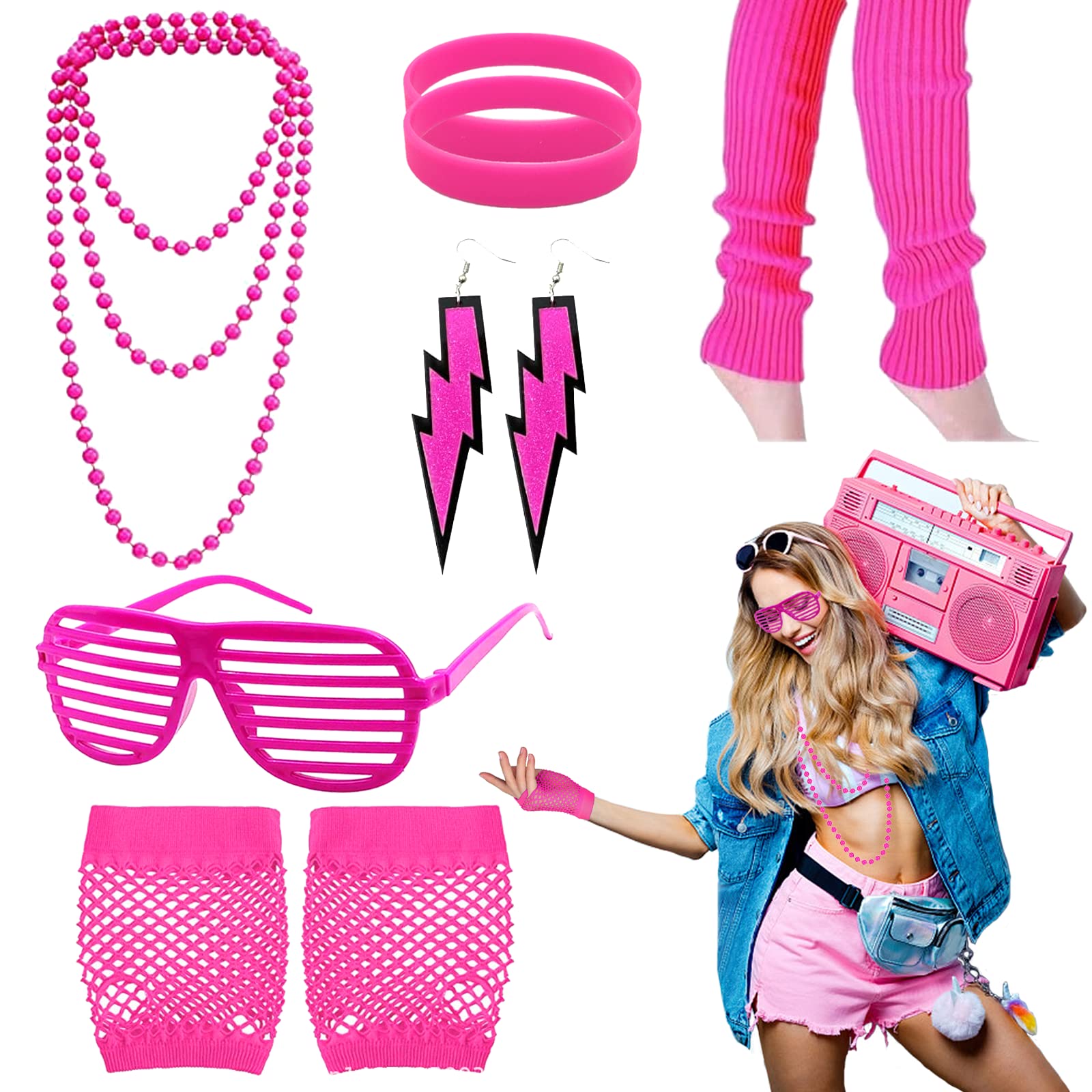WanderGo 10Pcs 80s Accessories for Women, 80s Fancy Costume Accessories Set with Retro Neon Rosy Necklace Earring Glasses Bracelets Gloves Leg Warmers for World Book Day Costume(Rosy)