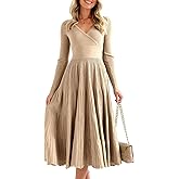 Saodimallsu Womens Long Sleeve Midi Sweater Dress Wrap V Neck Pleated A Line Fit Flare Elegant Knit Maxi Dress