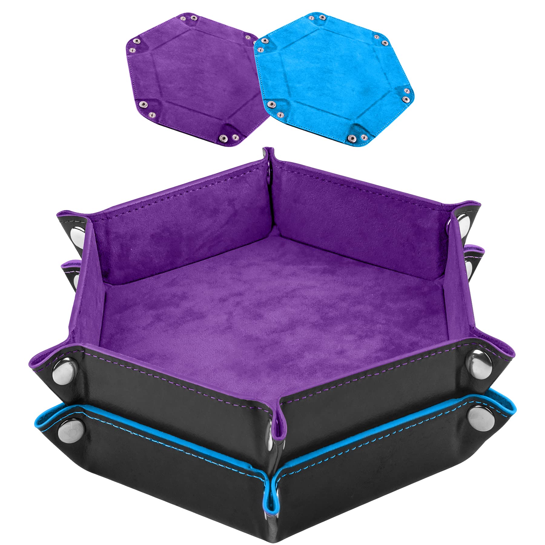 SIQUK 2 Pieces Dice Tray Hexagon Dice Folding Tray PU Leather Velvet Holder Tray for RPG DND and Other Table Games (Violet, Sky Blue) — image 1